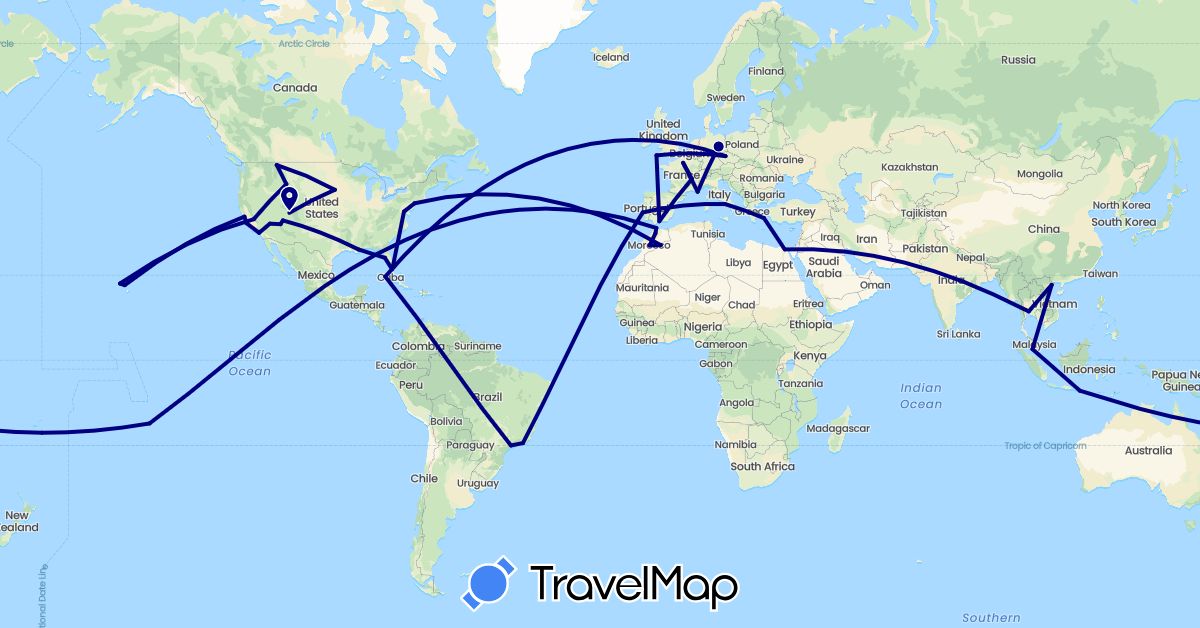 TravelMap itinerary: driving in Brazil, Cuba, Czech Republic, Germany, Egypt, Spain, France, United Kingdom, Greece, Indonesia, Italy, Morocco, Malaysia, French Polynesia, Portugal, Thailand, United States, Vietnam (Africa, Asia, Europe, North America, Oceania, South America)